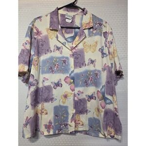 BonWorth L Petite Button Front Blouse Butterfly Floral Print Purple Blue Yellow‎